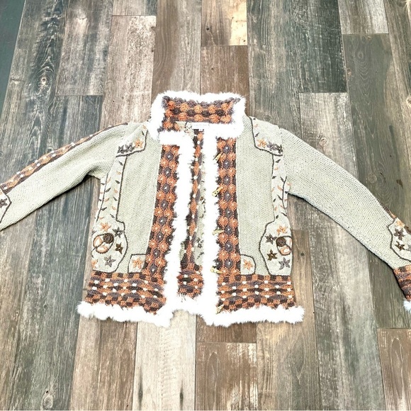 Roberta Frost Hand Knit Cardigan Sweater Alpaca Rabbit Fur Trim Medium !! - Picture 8 of 12